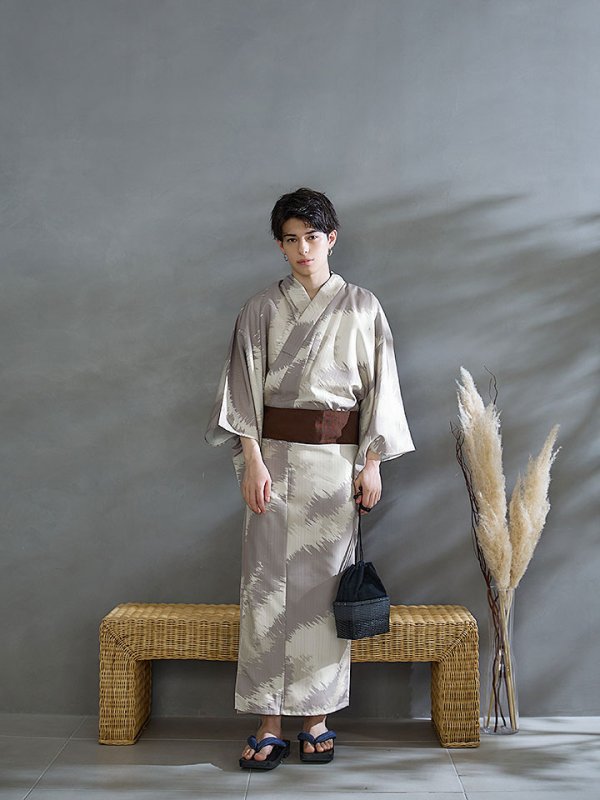 画像12: 【即日発送！】【メンズ浴衣】グレージュモザイク柄浴衣【浴衣３点セット 浴衣/帯/下駄】[YMT] (12)