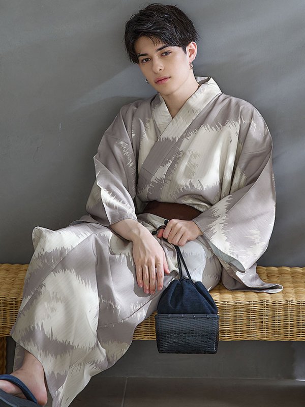 画像2: 【即日発送！】【メンズ浴衣】グレージュモザイク柄浴衣【浴衣３点セット 浴衣/帯/下駄】[YMT] (2)