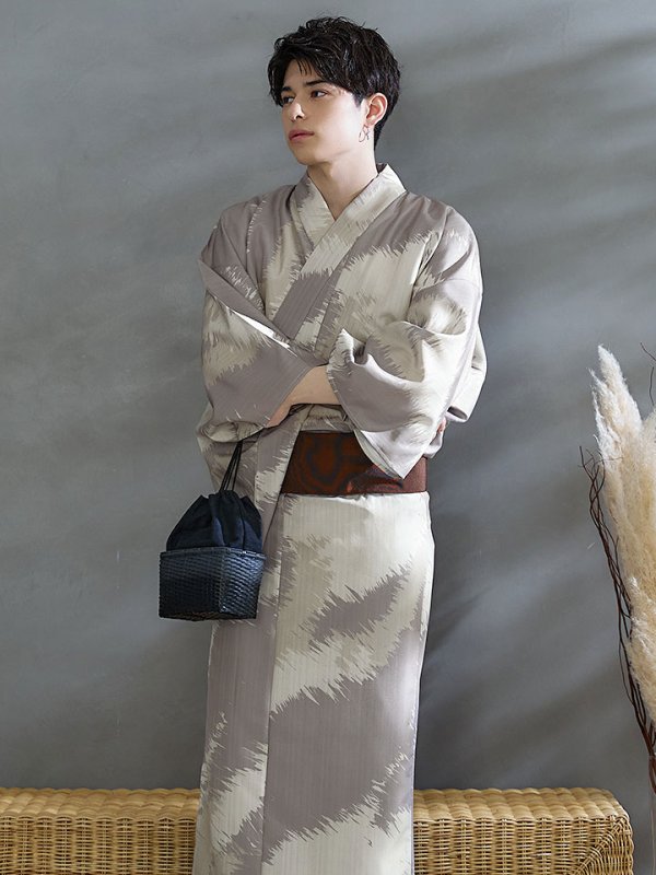 画像3: 【即日発送！】【メンズ浴衣】グレージュモザイク柄浴衣【浴衣３点セット 浴衣/帯/下駄】[YMT] (3)