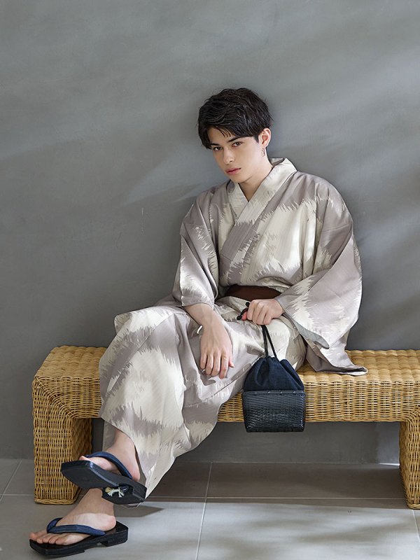 画像6: 【即日発送！】【メンズ浴衣】グレージュモザイク柄浴衣【浴衣３点セット 浴衣/帯/下駄】[YMT] (6)