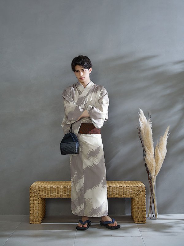 画像8: 【即日発送！】【メンズ浴衣】グレージュモザイク柄浴衣【浴衣３点セット 浴衣/帯/下駄】[YMT] (8)