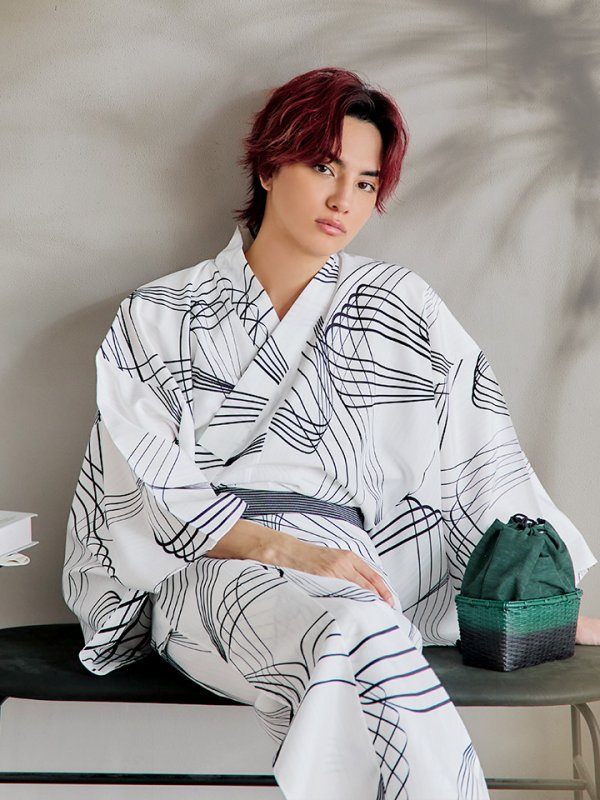 画像11: 【即日発送！】【メンズ浴衣】ホワイト×ブラック線画浴衣【浴衣３点セット 浴衣/帯/下駄】[YMT] (11)