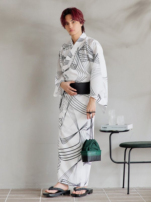 画像4: 【即日発送！】【メンズ浴衣】ホワイト×ブラック線画浴衣【浴衣３点セット 浴衣/帯/下駄】[YMT] (4)