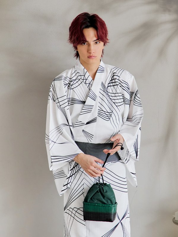 画像8: 【即日発送！】【メンズ浴衣】ホワイト×ブラック線画浴衣【浴衣３点セット 浴衣/帯/下駄】[YMT] (8)