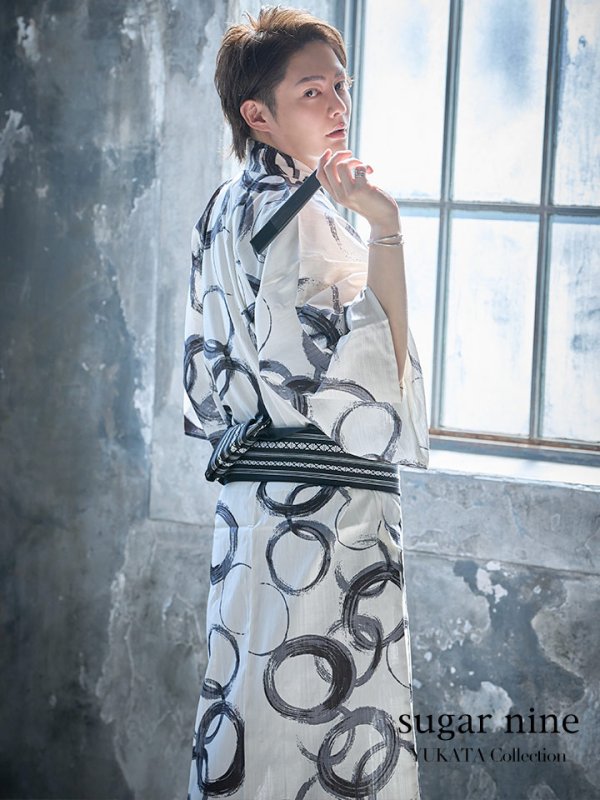 画像2: 【即日発送】【メンズ浴衣】白地に水墨柄【浴衣３点セット 浴衣/帯/下駄】[YMT] (2)