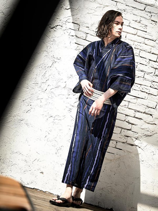 画像3: 【即日発送】【メンズ浴衣】ストライプ柄浴衣【浴衣３点セット 浴衣/帯/下駄】[YMT] (3)