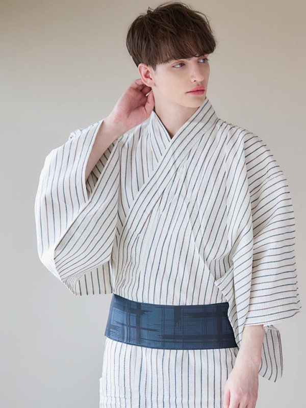 画像11: 【即日発送】【メンズ浴衣】白地にトリコロールカラーのストライプ紳士浴衣【浴衣３点セット 浴衣/帯/下駄】[YMT] (11)