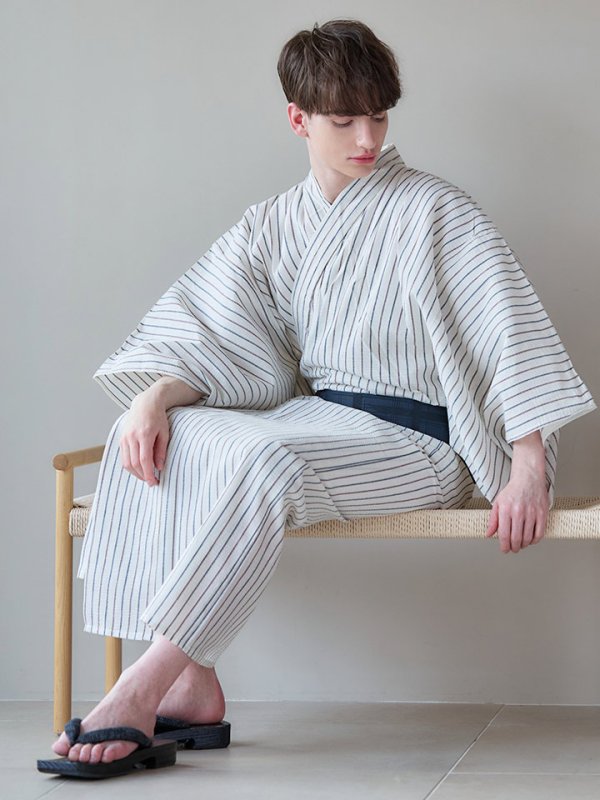 画像6: 【即日発送】【メンズ浴衣】白地にトリコロールカラーのストライプ紳士浴衣【浴衣３点セット 浴衣/帯/下駄】[YMT] (6)