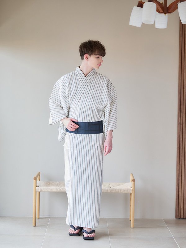 画像8: 【即日発送】【メンズ浴衣】白地にトリコロールカラーのストライプ紳士浴衣【浴衣３点セット 浴衣/帯/下駄】[YMT] (8)