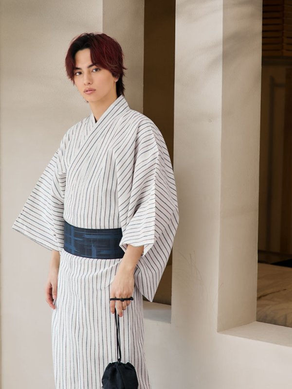 画像10: 【即日発送】【メンズ浴衣】白地にトリコロールカラーのストライプ紳士浴衣【浴衣３点セット 浴衣/帯/下駄】[YMT] (10)