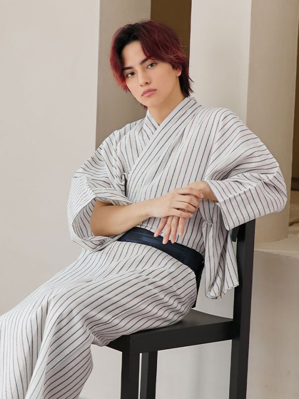 画像14: 【即日発送】【メンズ浴衣】白地にトリコロールカラーのストライプ紳士浴衣【浴衣３点セット 浴衣/帯/下駄】[YMT] (14)