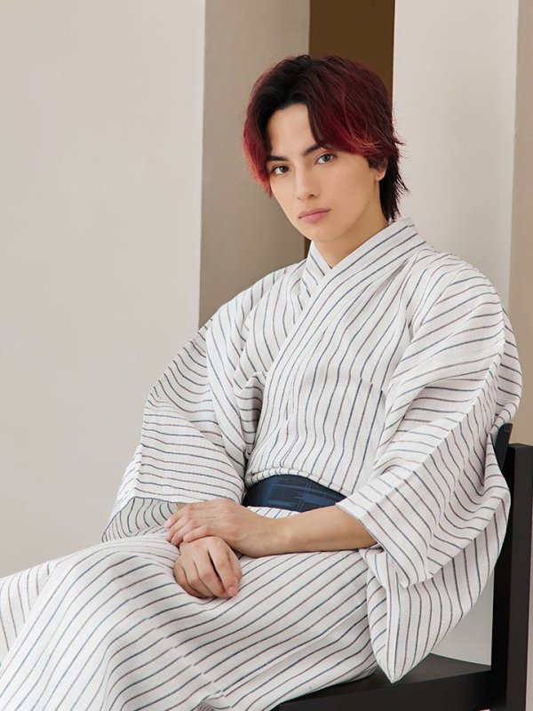 画像16: 【即日発送】【メンズ浴衣】白地にトリコロールカラーのストライプ紳士浴衣【浴衣３点セット 浴衣/帯/下駄】[YMT] (16)