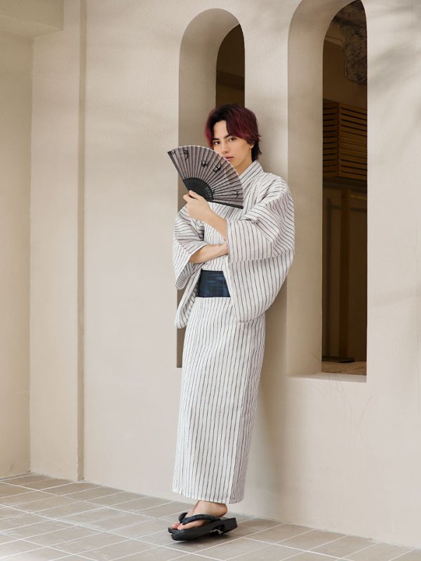 画像18: 【即日発送】【メンズ浴衣】白地にトリコロールカラーのストライプ紳士浴衣【浴衣３点セット 浴衣/帯/下駄】[YMT] (18)