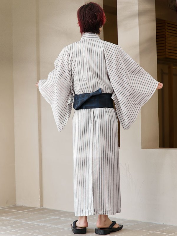 画像19: 【即日発送】【メンズ浴衣】白地にトリコロールカラーのストライプ紳士浴衣【浴衣３点セット 浴衣/帯/下駄】[YMT] (19)