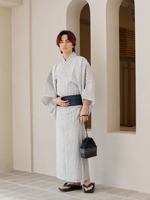 画像6: 【即日発送】【メンズ浴衣】白地にトリコロールカラーのストライプ紳士浴衣【浴衣３点セット 浴衣/帯/下駄】[YMT] (6)