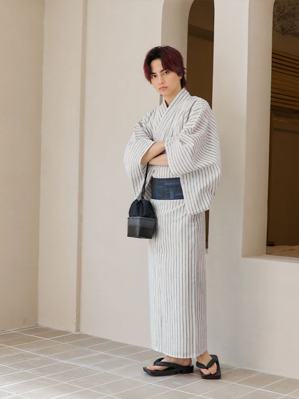 画像9: 【即日発送】【メンズ浴衣】白地にトリコロールカラーのストライプ紳士浴衣【浴衣３点セット 浴衣/帯/下駄】[YMT] (9)