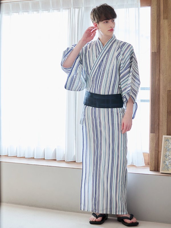 画像7: 【即日発送】【メンズ浴衣】白地にスタイリッシュなストライプ紳士浴衣【浴衣３点セット 浴衣/帯/下駄】[YMT] (7)