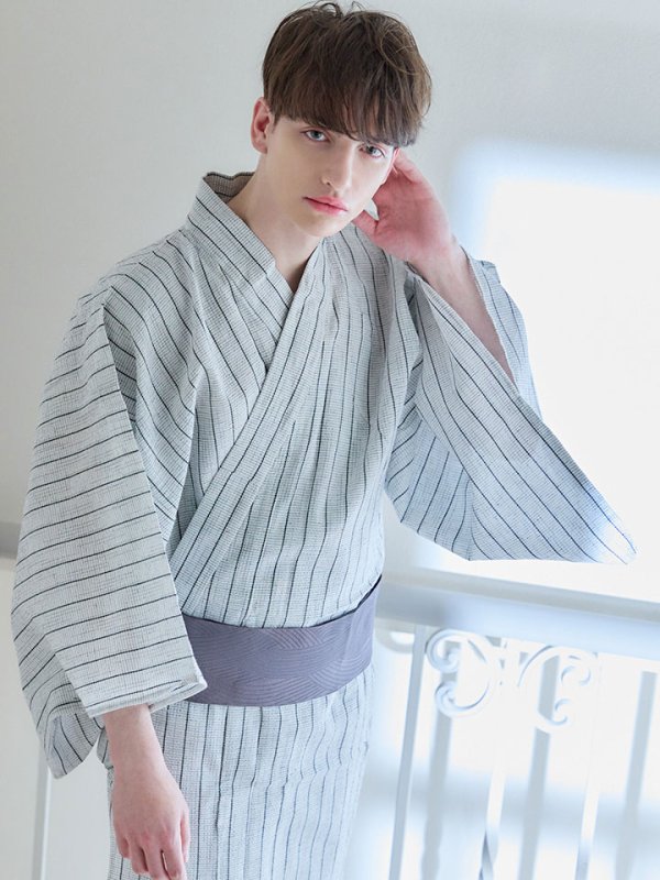 画像11: 【即日発送】【メンズ浴衣】清涼感あふれるしじら織ストライプ紳士浴衣【浴衣３点セット 浴衣/帯/下駄】[YMT] (11)