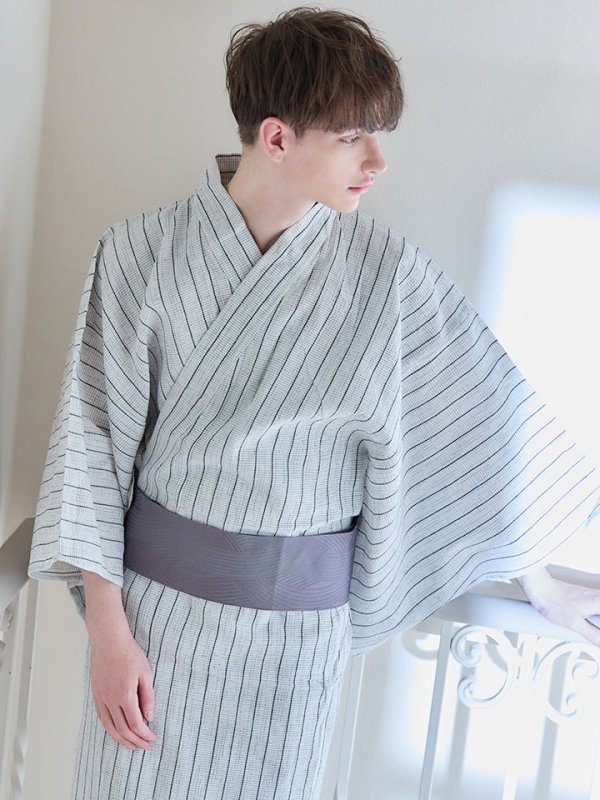 画像3: 【即日発送】【メンズ浴衣】清涼感あふれるしじら織ストライプ紳士浴衣【浴衣３点セット 浴衣/帯/下駄】[YMT] (3)