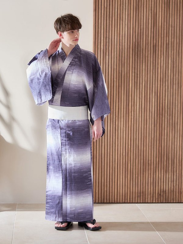 画像4: 【即日発送】【メンズ浴衣】濃淡紫地にボーダーデザインの紳士浴衣【浴衣３点セット 浴衣/帯/下駄】[FB03] (4)