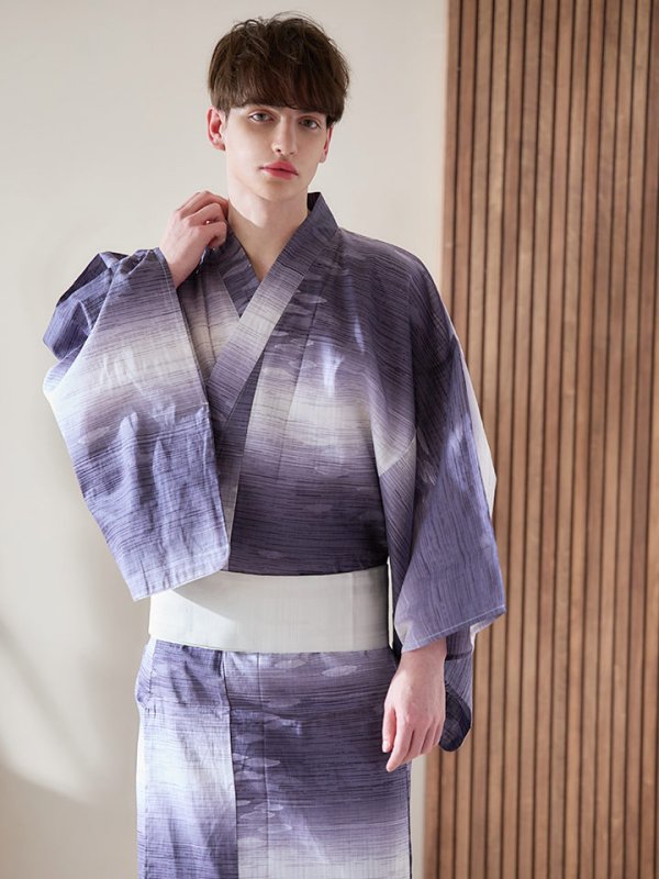 画像7: 【即日発送】【メンズ浴衣】濃淡紫地にボーダーデザインの紳士浴衣【浴衣３点セット 浴衣/帯/下駄】[FB03] (7)
