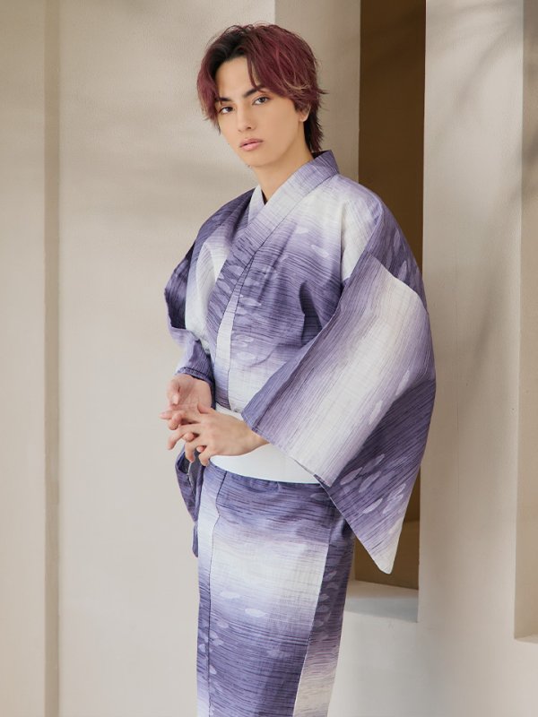 画像1: 【即日発送】【メンズ浴衣】濃淡紫地にボーダーデザインの紳士浴衣【浴衣３点セット 浴衣/帯/下駄】[FB03] (1)