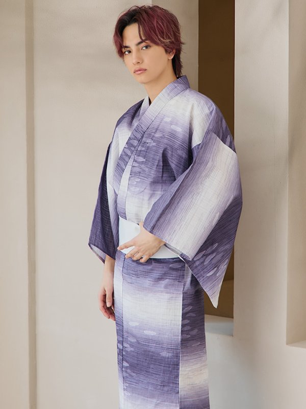 画像14: 【即日発送】【メンズ浴衣】濃淡紫地にボーダーデザインの紳士浴衣【浴衣３点セット 浴衣/帯/下駄】[FB03] (14)