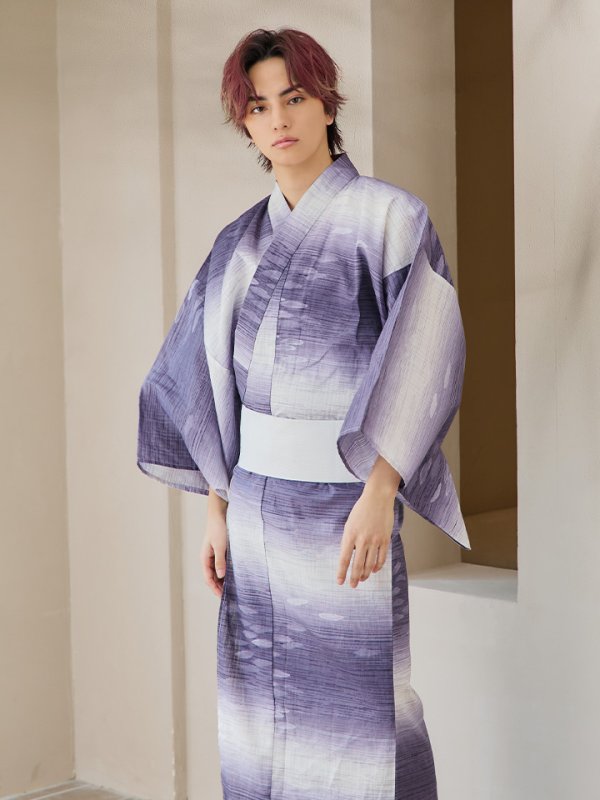 画像3: 【即日発送】【メンズ浴衣】濃淡紫地にボーダーデザインの紳士浴衣【浴衣３点セット 浴衣/帯/下駄】[FB03] (3)