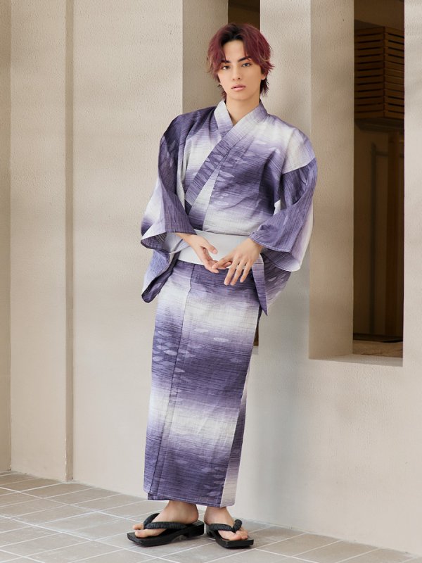 画像2: 【即日発送】【メンズ浴衣】濃淡紫地にボーダーデザインの紳士浴衣【浴衣３点セット 浴衣/帯/下駄】[FB03] (2)