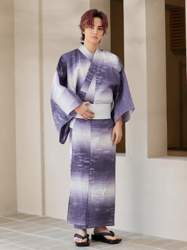 画像4: 【即日発送】【メンズ浴衣】濃淡紫地にボーダーデザインの紳士浴衣【浴衣３点セット 浴衣/帯/下駄】[FB03] (4)