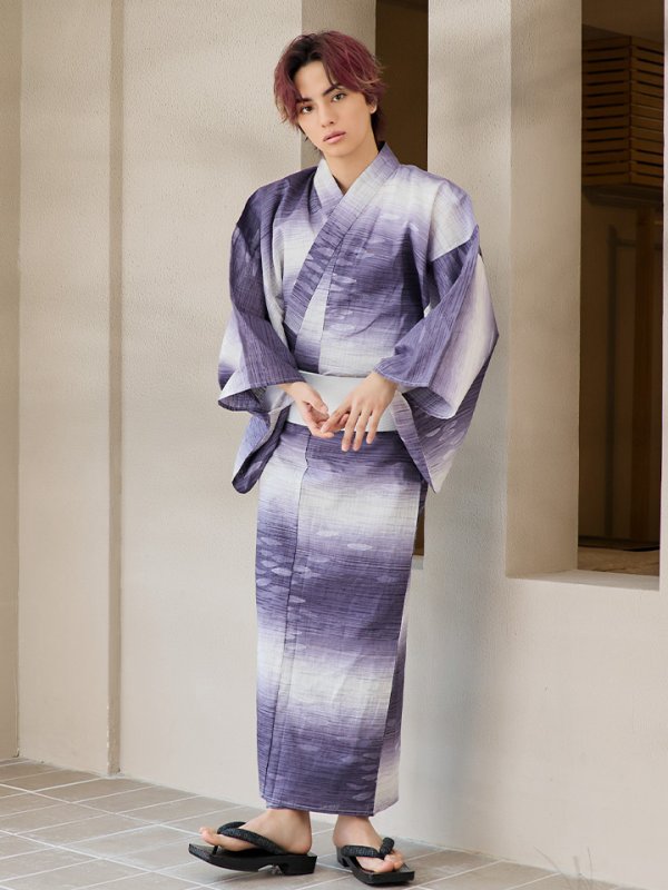 画像6: 【即日発送】【メンズ浴衣】濃淡紫地にボーダーデザインの紳士浴衣【浴衣３点セット 浴衣/帯/下駄】[FB03] (6)