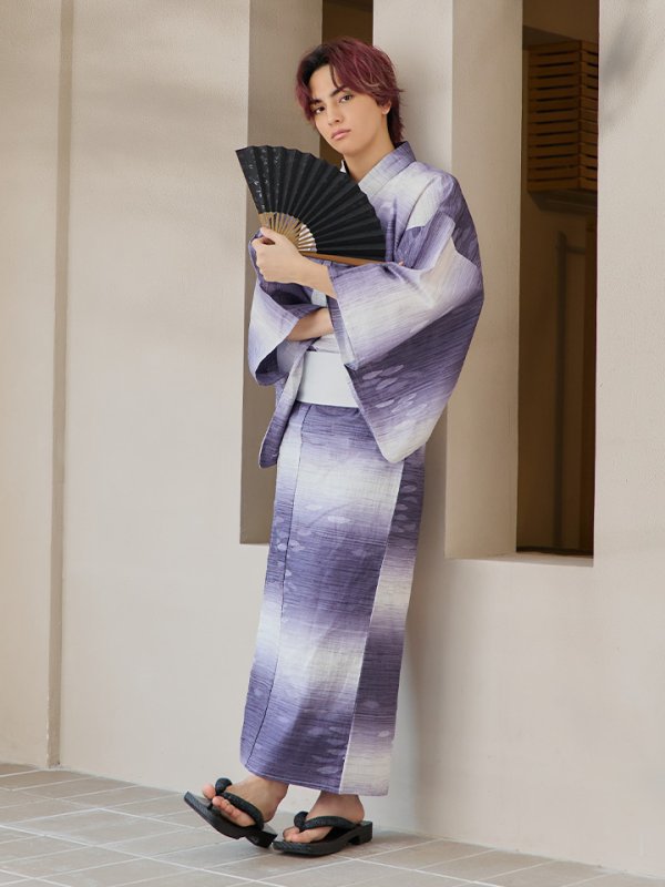 画像8: 【即日発送】【メンズ浴衣】濃淡紫地にボーダーデザインの紳士浴衣【浴衣３点セット 浴衣/帯/下駄】[FB03] (8)