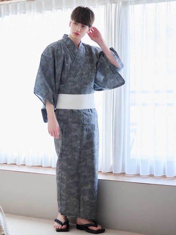 画像12: 【即日発送】【メンズ浴衣】黒地に迷彩柄ストライプ紳士浴衣【浴衣３点セット 浴衣/帯/下駄】[YMT] (12)