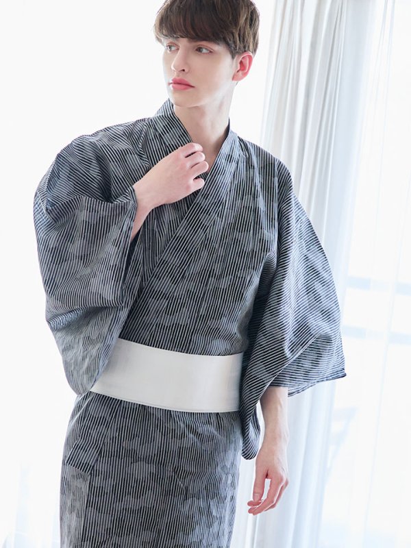 画像3: 【即日発送】【メンズ浴衣】黒地に迷彩柄ストライプ紳士浴衣【浴衣３点セット 浴衣/帯/下駄】[YMT] (3)