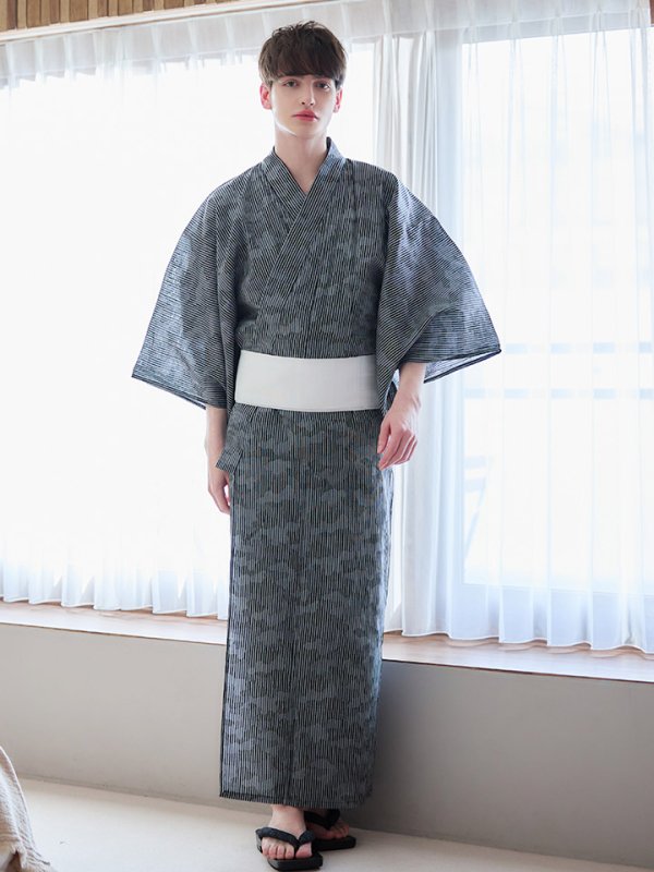 画像4: 【即日発送】【メンズ浴衣】黒地に迷彩柄ストライプ紳士浴衣【浴衣３点セット 浴衣/帯/下駄】[YMT] (4)