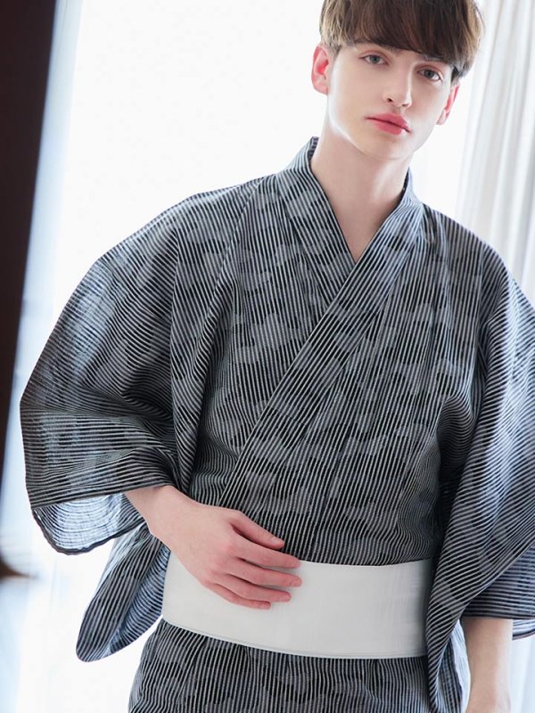 画像7: 【即日発送】【メンズ浴衣】黒地に迷彩柄ストライプ紳士浴衣【浴衣３点セット 浴衣/帯/下駄】[YMT] (7)