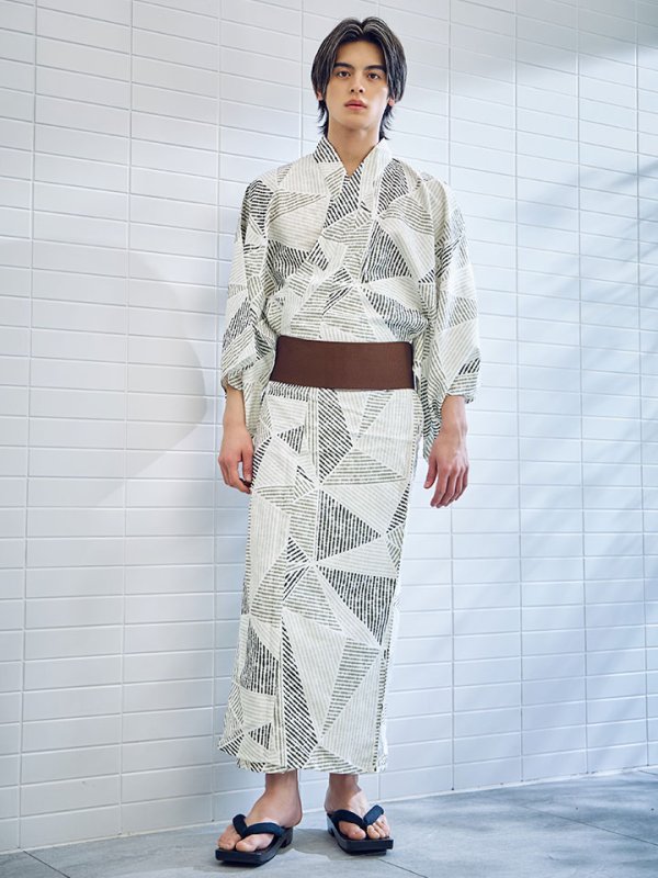 画像4: 【即日発送】【メンズ浴衣】カーキグリーン幾何学的模様浴衣 【浴衣３点セット 浴衣/帯/下駄】[YMT] (4)