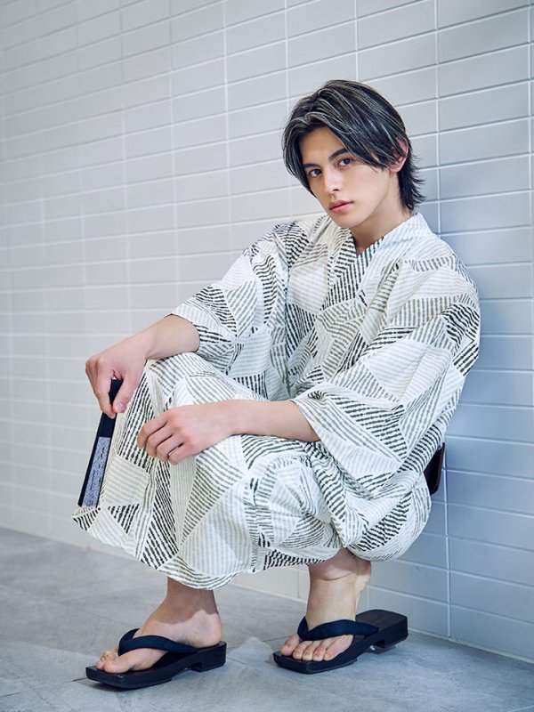 画像7: 【即日発送】【メンズ浴衣】カーキグリーン幾何学的模様浴衣 【浴衣３点セット 浴衣/帯/下駄】[YMT] (7)