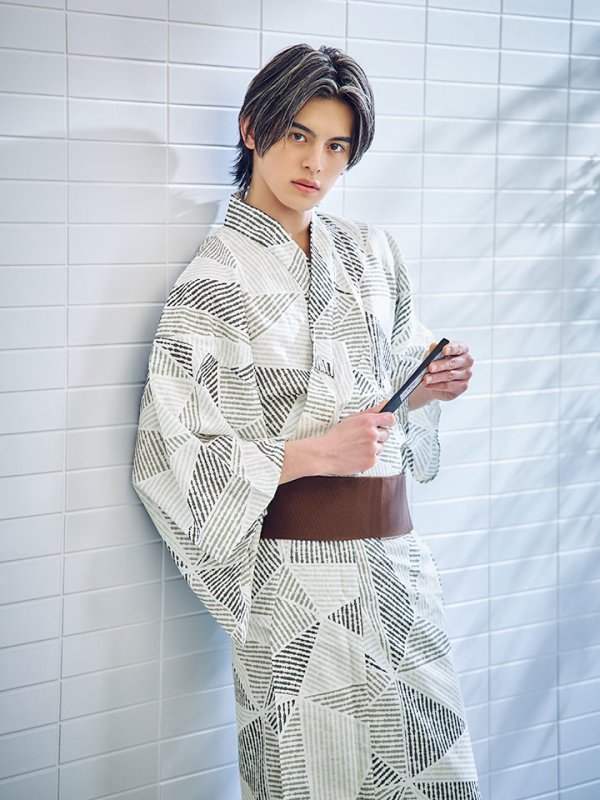 画像8: 【即日発送】【メンズ浴衣】カーキグリーン幾何学的模様浴衣 【浴衣３点セット 浴衣/帯/下駄】[YMT] (8)