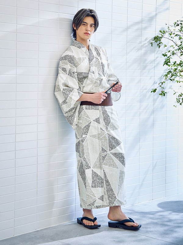 画像9: 【即日発送】【メンズ浴衣】カーキグリーン幾何学的模様浴衣 【浴衣３点セット 浴衣/帯/下駄】[YMT] (9)