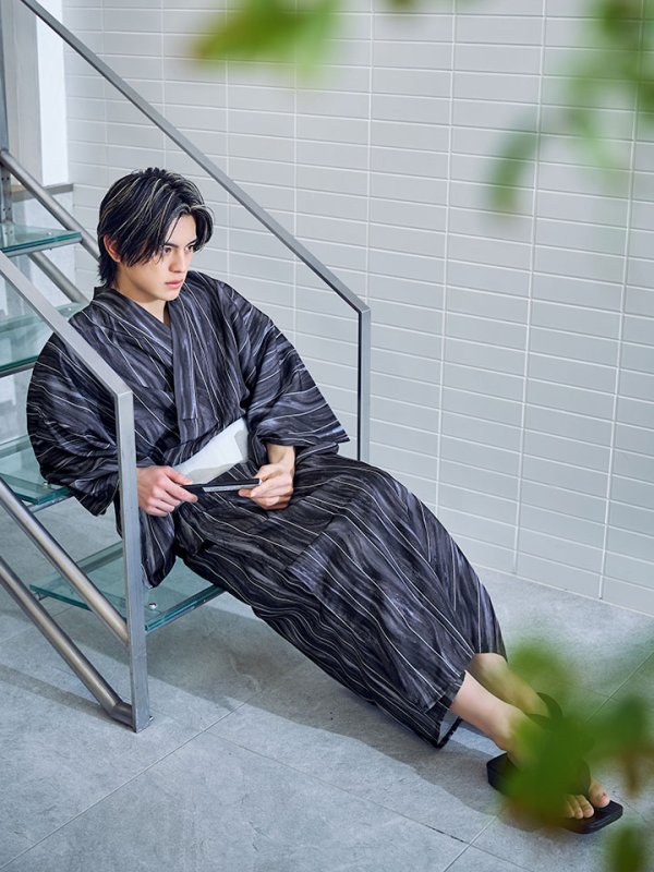 画像8: 【即日発送】【メンズ浴衣】モザイクアート×ストライプ浴衣 【浴衣３点セット 浴衣/帯/下駄】[YMT] (8)