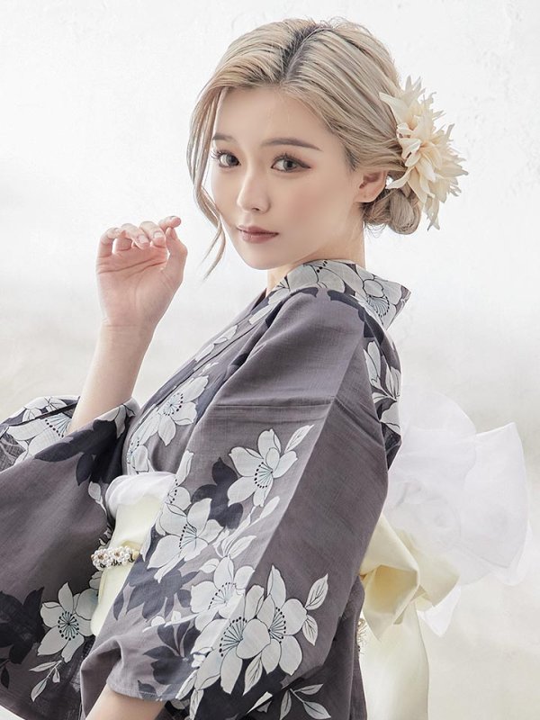 画像6: 【即日発送】【浴衣】クラシカルグレーの百合浴衣  【浴衣３点セット 浴衣/帯/下駄】[YMT] (6)