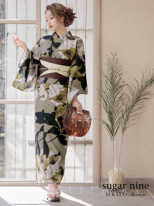 画像2: 【即日発送】【オリジナル浴衣】ヘルシーリーフ柄浴衣【浴衣３点セット浴衣/帯/下駄】[YMT] (2)