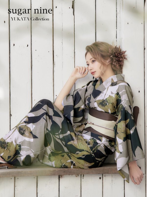 画像3: 【即日発送】【オリジナル浴衣】ヘルシーリーフ柄浴衣【浴衣３点セット浴衣/帯/下駄】[YMT] (3)