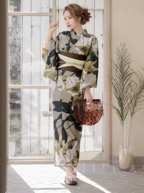 画像4: 【即日発送】【オリジナル浴衣】ヘルシーリーフ柄浴衣【浴衣３点セット浴衣/帯/下駄】[YMT] (4)