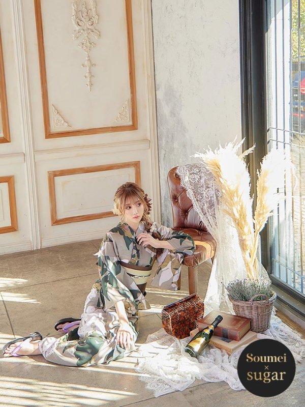 画像2: 【即日発送】【オリジナル浴衣】ヘルシーリーフ柄浴衣【浴衣３点セット浴衣/帯/下駄】[YMT] (2)