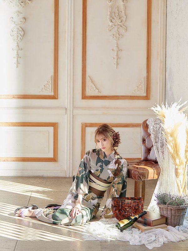 画像7: 【即日発送】【オリジナル浴衣】ヘルシーリーフ柄浴衣【浴衣３点セット浴衣/帯/下駄】[YMT] (7)