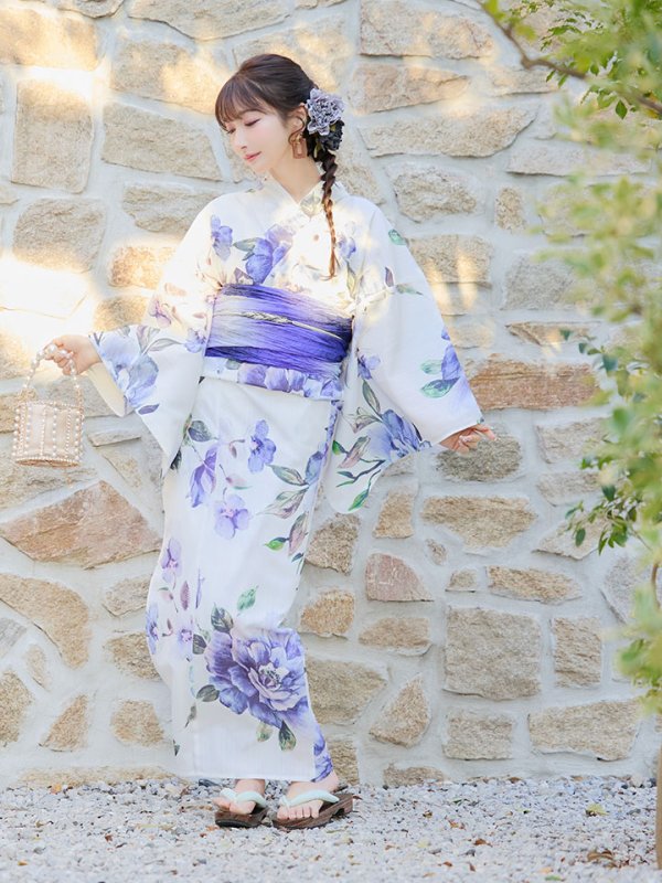 画像13: 【即日発送】【浴衣】白地に水彩牡丹のクラシック浴衣 グラデーション帯 【浴衣３点セット 浴衣/帯/下駄】[YMT] (13)