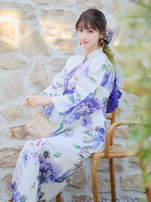 画像14: 【即日発送】【浴衣】白地に水彩牡丹のクラシック浴衣 グラデーション帯 【浴衣３点セット 浴衣/帯/下駄】[YMT] (14)