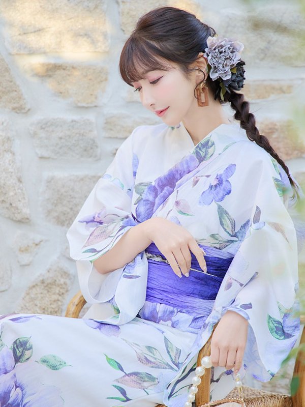 画像16: 【即日発送】【浴衣】白地に水彩牡丹のクラシック浴衣 グラデーション帯 【浴衣３点セット 浴衣/帯/下駄】[YMT] (16)